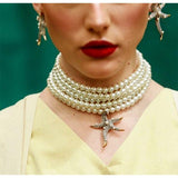 Detachable Starfish Pendant Pearl Choker Necklace & Earring Set