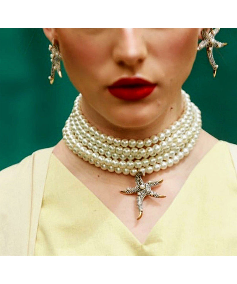 Detachable Starfish Pendant Pearl Choker Necklace & Earring Set