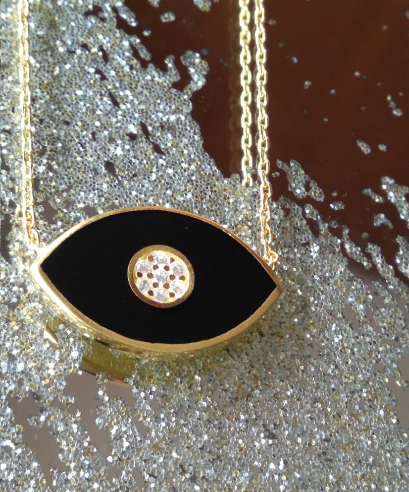 Black Evil Eye Enamel & Crystal Encrusted Necklace