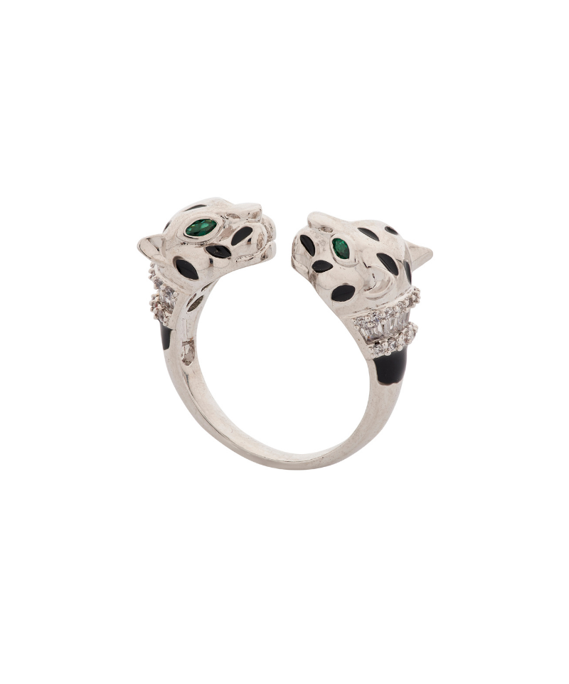 Silver Deux Panthera Headed Bracelet Cuff, Earring & Ring