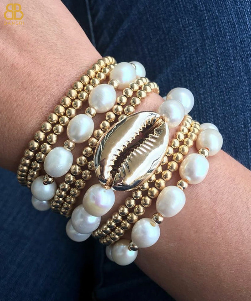 Beaded Pearls and Gold Stack - Set of 9