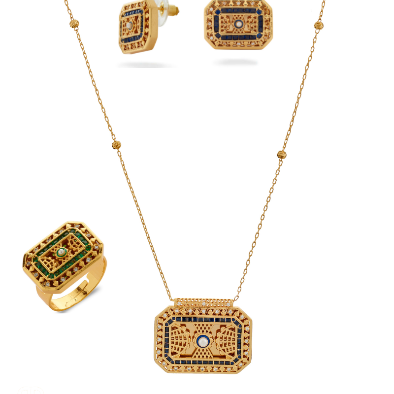 Junoon Hand Carved Necklace, Earring & Ring Set