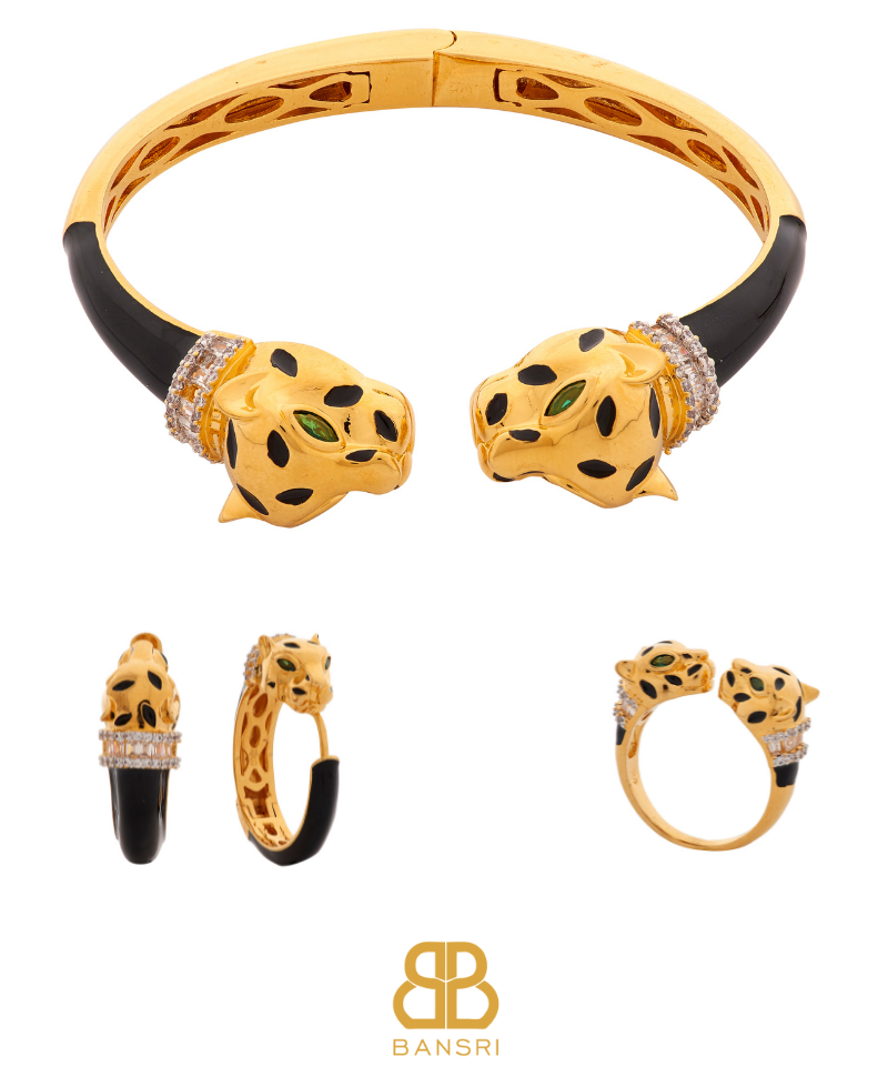 Gold Deux Panthera Headed Necklace, Bracelet Cuff, Earring & Ring