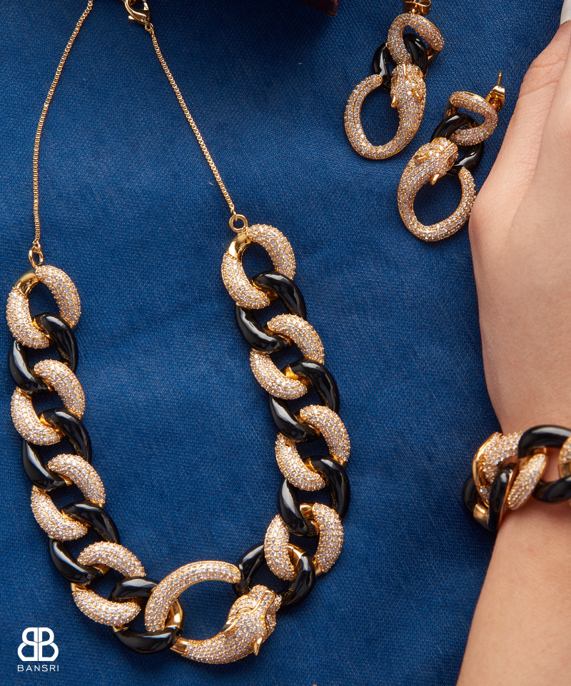 Cuban Link Twister Panther Necklace, Bracelet & Earring Set