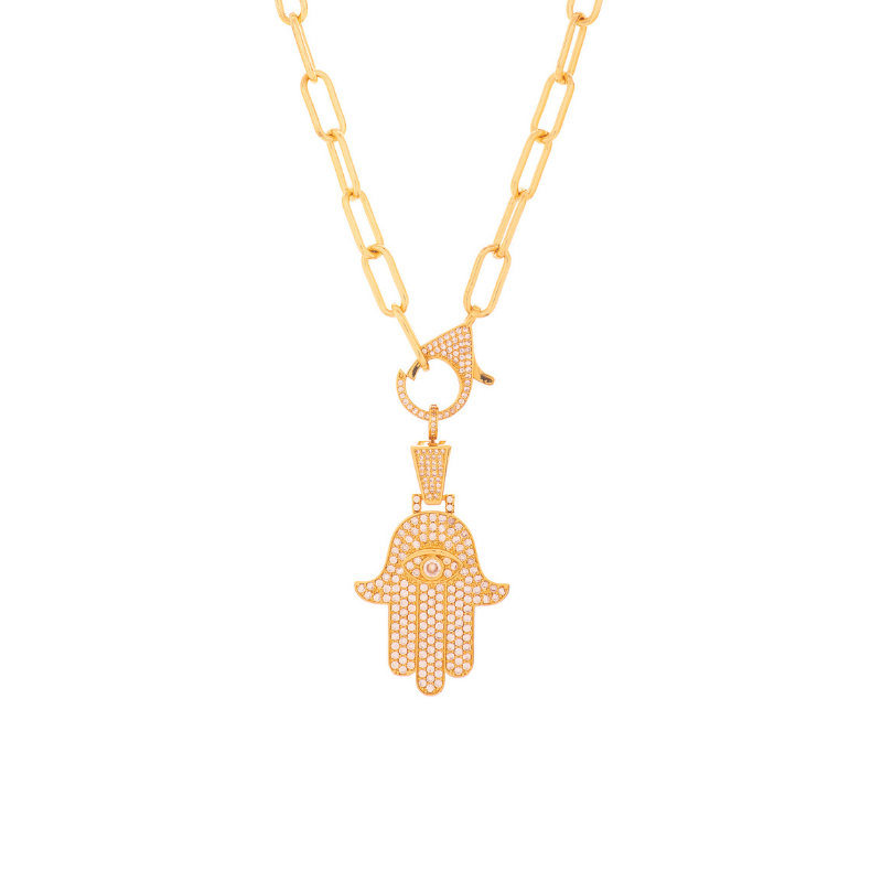 Crystal Encrusted Big Hamsa Detachable Pendant Link Necklace