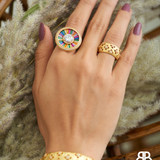 Rainbow Crystal Solitaire Disc Statement Ring