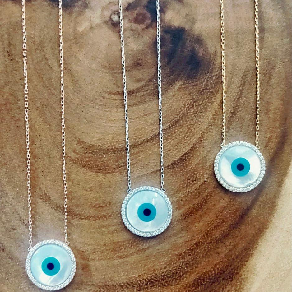 Evil Eye Mother of Pearl Disc Necklace